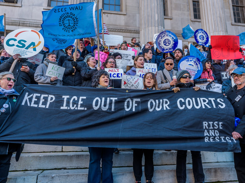 The Association of Legal Aid Attorneys along with dozens of unions, immigrant rights organizations, and community groups held a rally on December 7, 2017 at Brooklyn Borough Hall to call on the Office of Court Administration and Chief Judge Janet DiFiore to prohibit ICE agents from entering state courthouses. (Pacific Press/LightRocket via Getty Images)